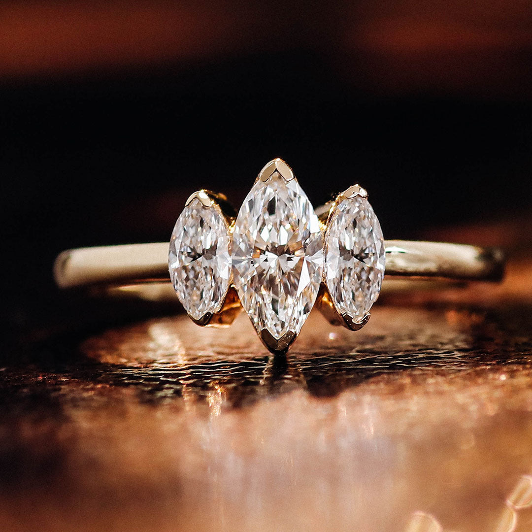 Marquise Solitaire & Row Diamond Ring | 18K Solid Gold - Main View | Worldiamond D VVS1 Lab Grown Diamond Collage